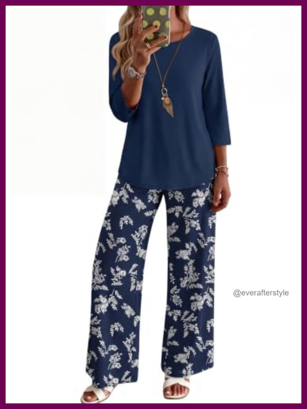 Two Piece Lounge Set 3/4 Sleeve Top & Printed Pants with Pockets
